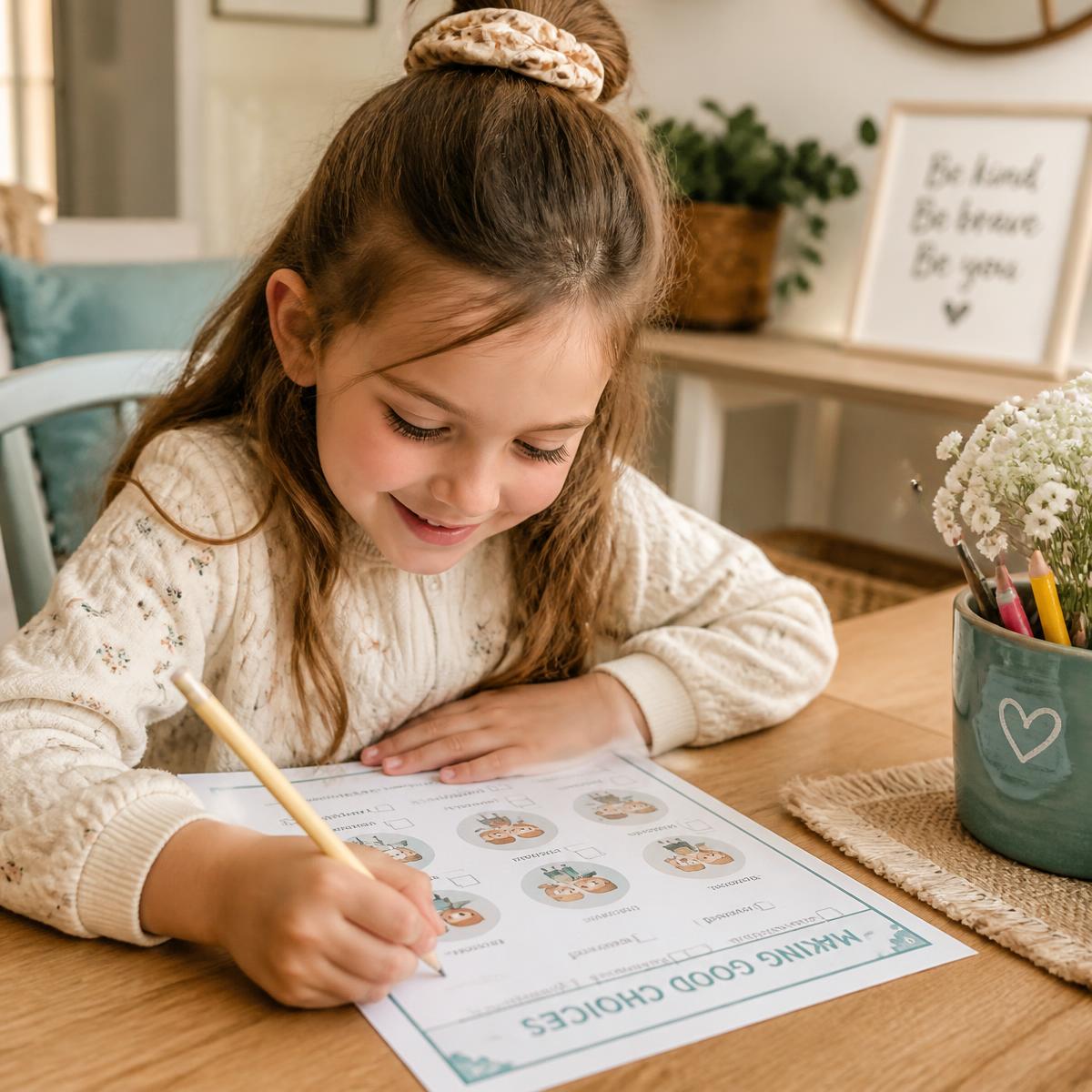 Young child proudly holding up a completed NeuroPanda activity sheet